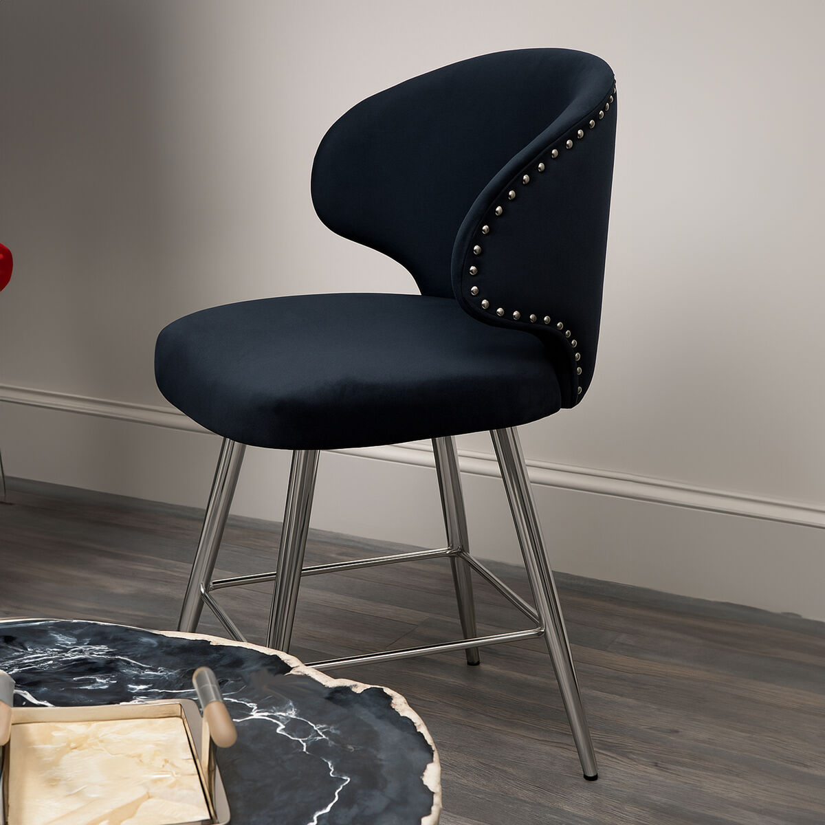 Piermount Black Velvet Bar Chair with Silver Finish Legs