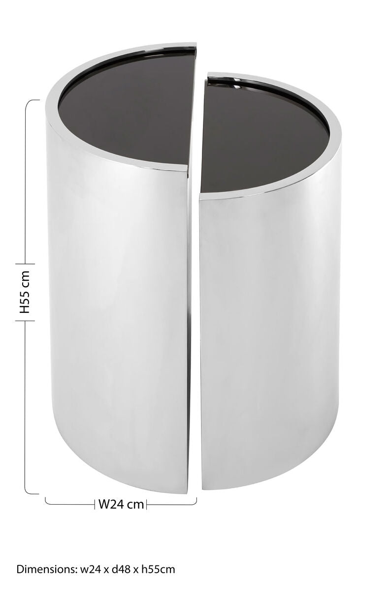 Piermount Black Glass and Silver Finish Set of 2 Half Moon Side Tables