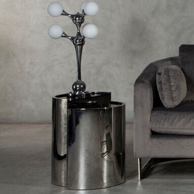 Piermount Black Glass and Silver Finish Set of 2 Half Moon Side Tables