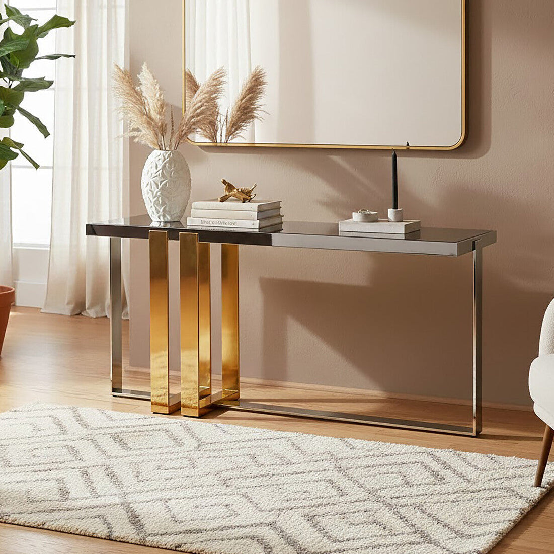 Demas Glass Console Table with Gold and Silver Finish Base