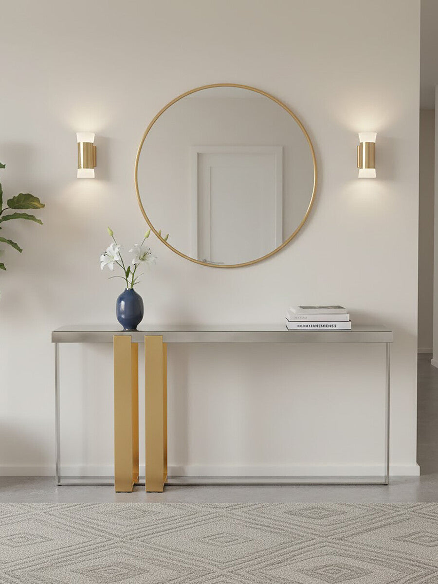 Demas Glass Console Table with Gold and Silver Finish Base
