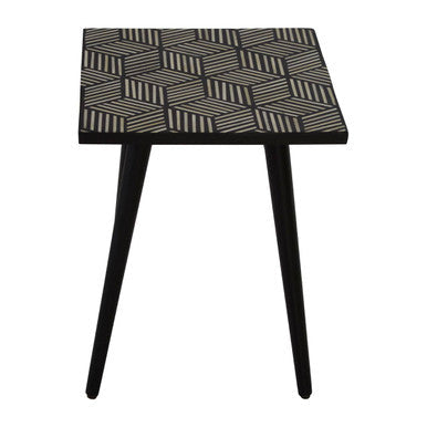 Boho Black and White Bone Inlay Acacia Wood Square Side Table