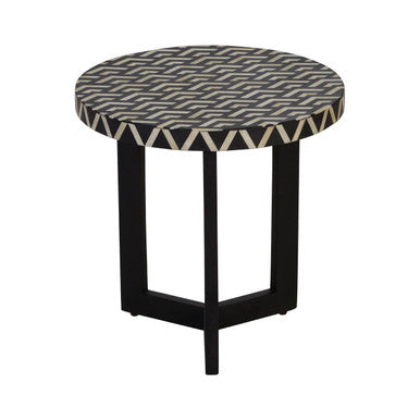 Boho Black and White Bone Inlay Acacia Wood Round Side Table