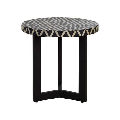Boho Black and White Bone Inlay Acacia Wood Round Side Table