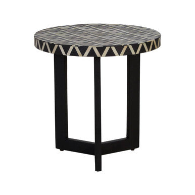Boho Black and White Bone Inlay Acacia Wood Round Side Table