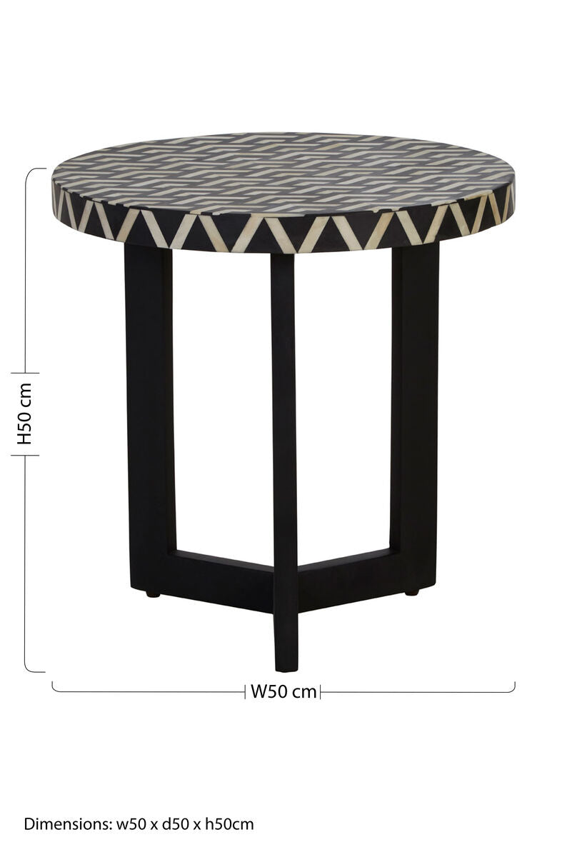 Boho Black and White Bone Inlay Acacia Wood Round Side Table