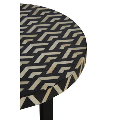 Boho Black and White Bone Inlay Acacia Wood Round Side Table