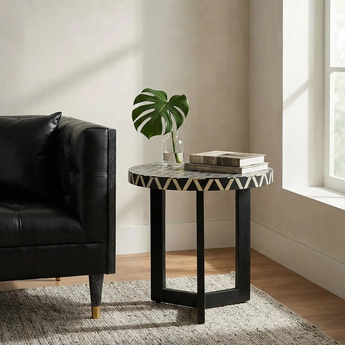 Boho Black and White Bone Inlay Acacia Wood Round Side Table