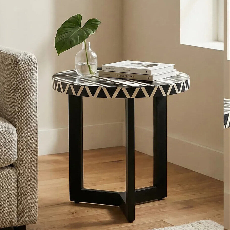 Boho Black and White Bone Inlay Acacia Wood Round Side Table