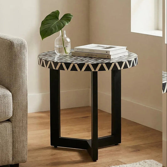 Boho Black and White Bone Inlay Acacia Wood Round Side Table