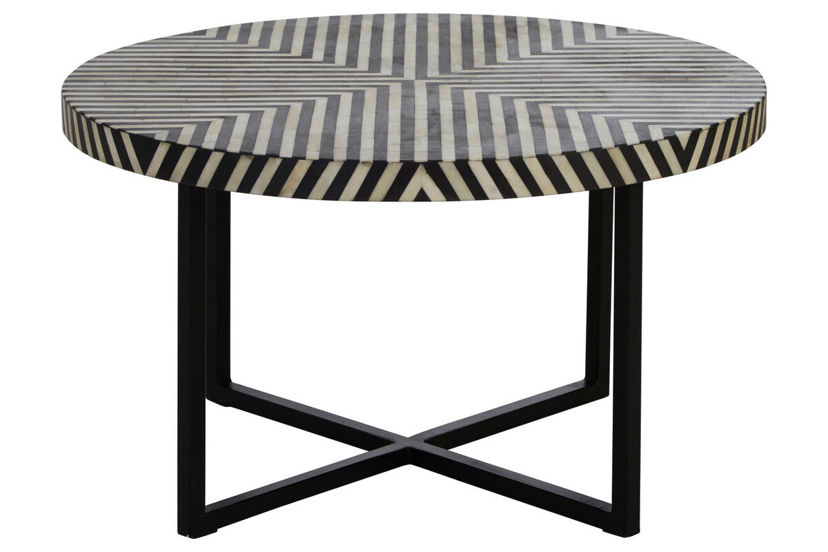 Boho Black and White Bone Inlay Coffee Table with Metal Base