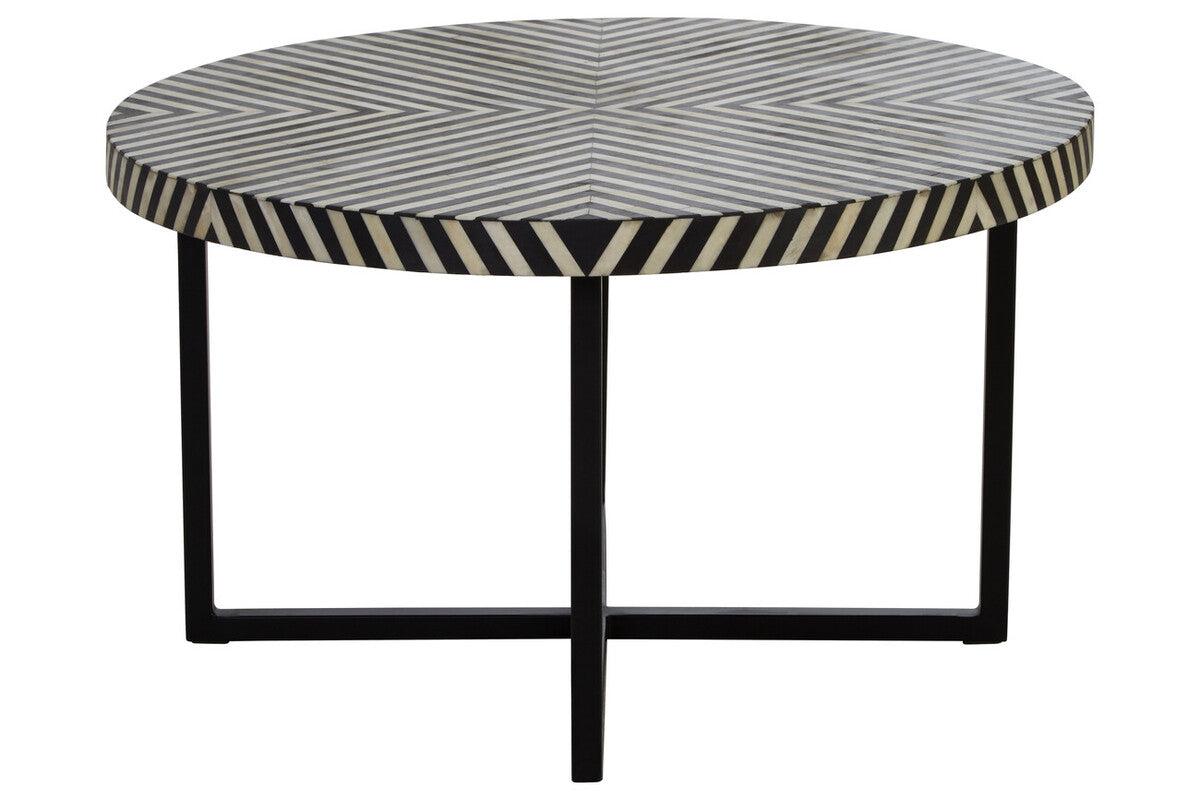 Boho Black and White Bone Inlay Coffee Table with Metal Base