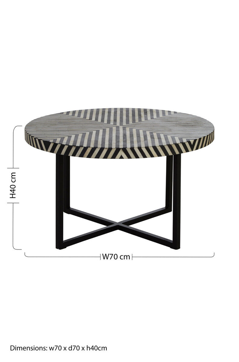 Boho Black and White Bone Inlay Coffee Table with Metal Base