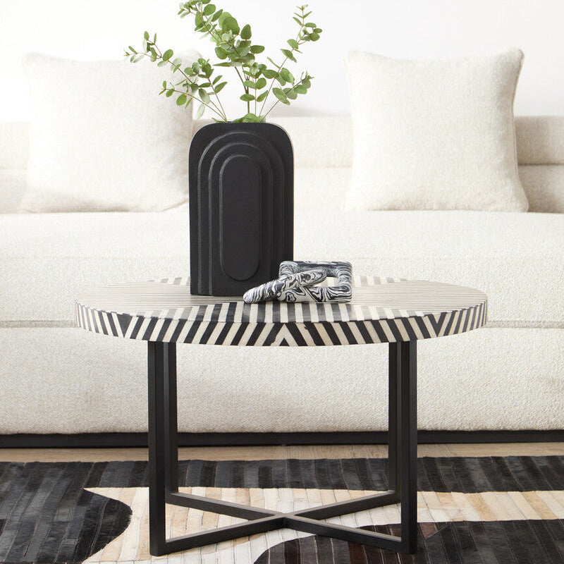 Boho Black and White Bone Inlay Coffee Table with Metal Base