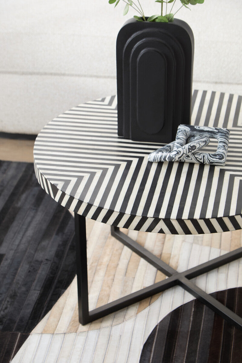 Boho Black and White Bone Inlay Coffee Table with Metal Base