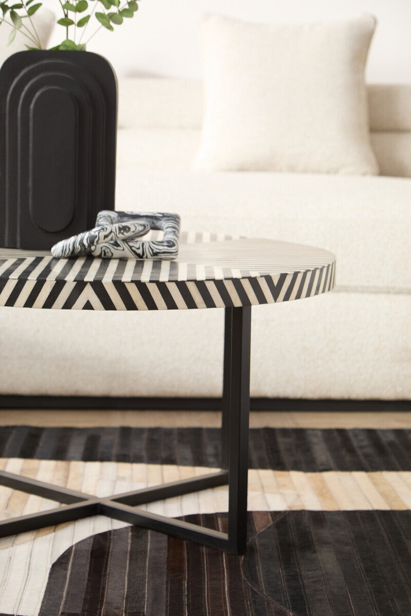 Boho Black and White Bone Inlay Coffee Table with Metal Base