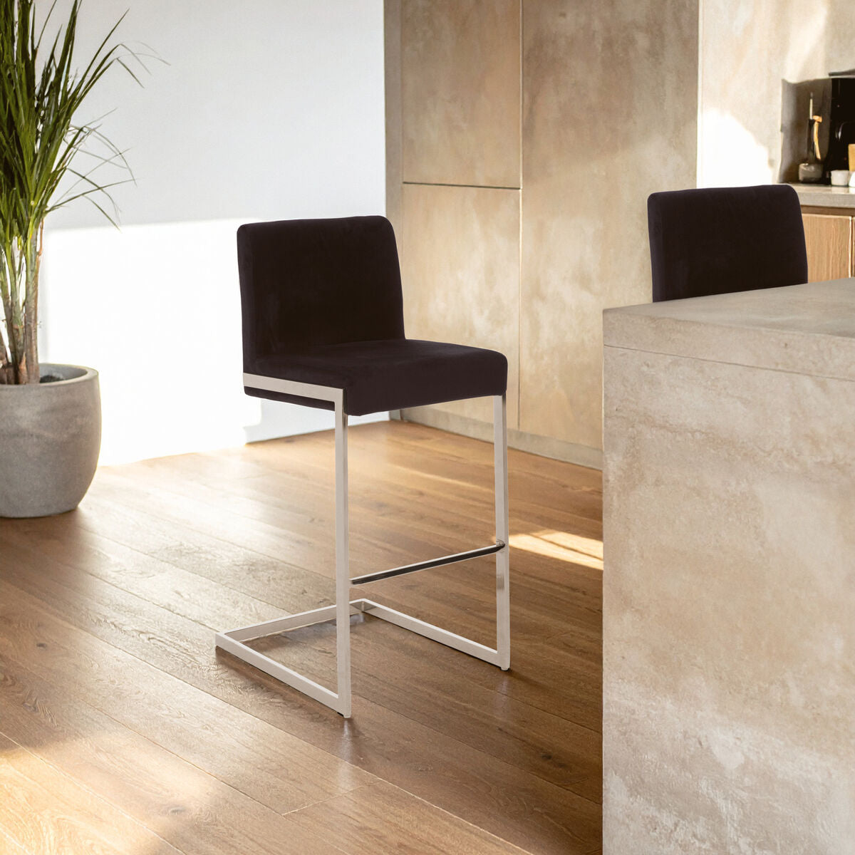 Tamzin Black Velvet Bar Chair with Chrome Finish Frame