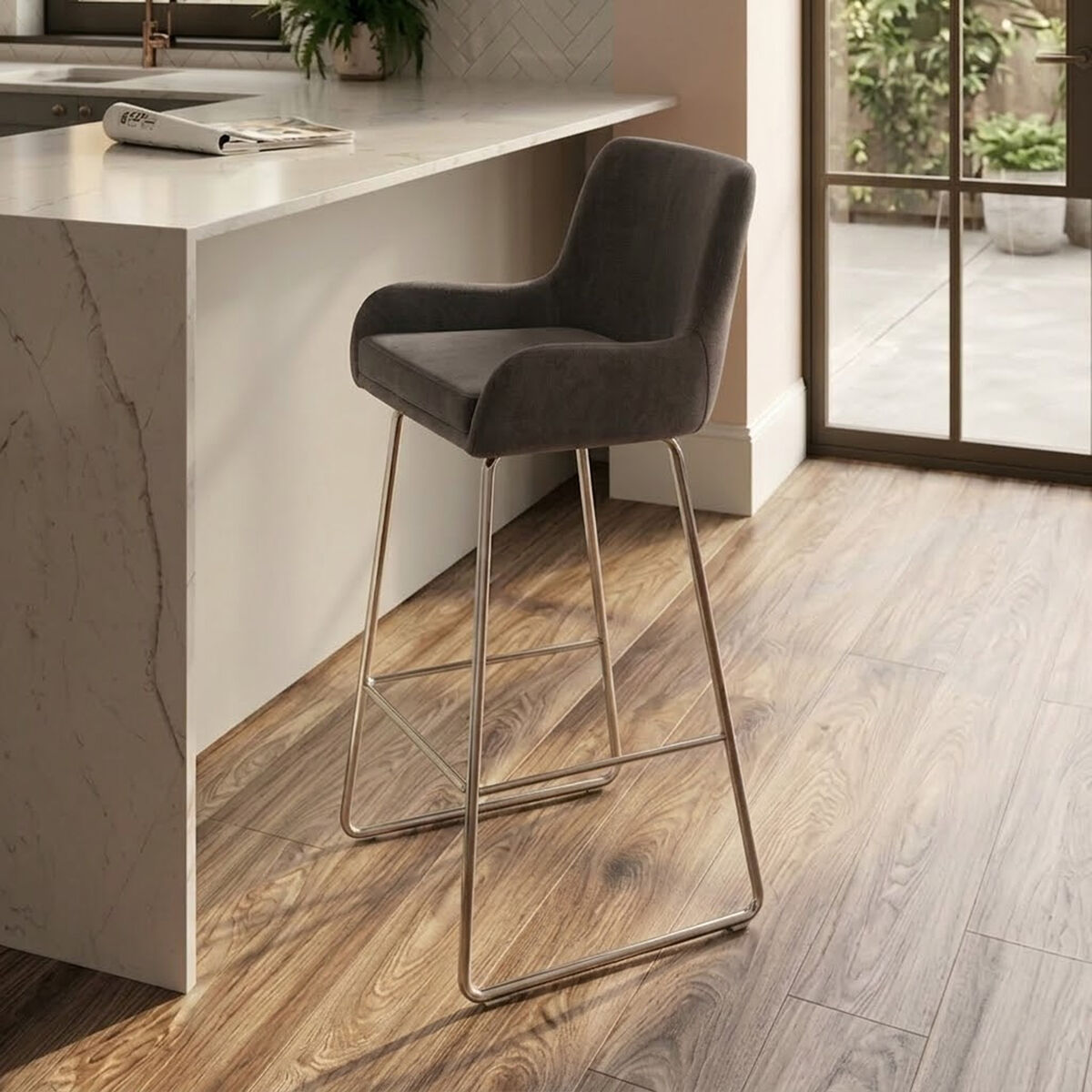 Tamzin Grey Velvet Bar Chair with Chrome Finish Frame