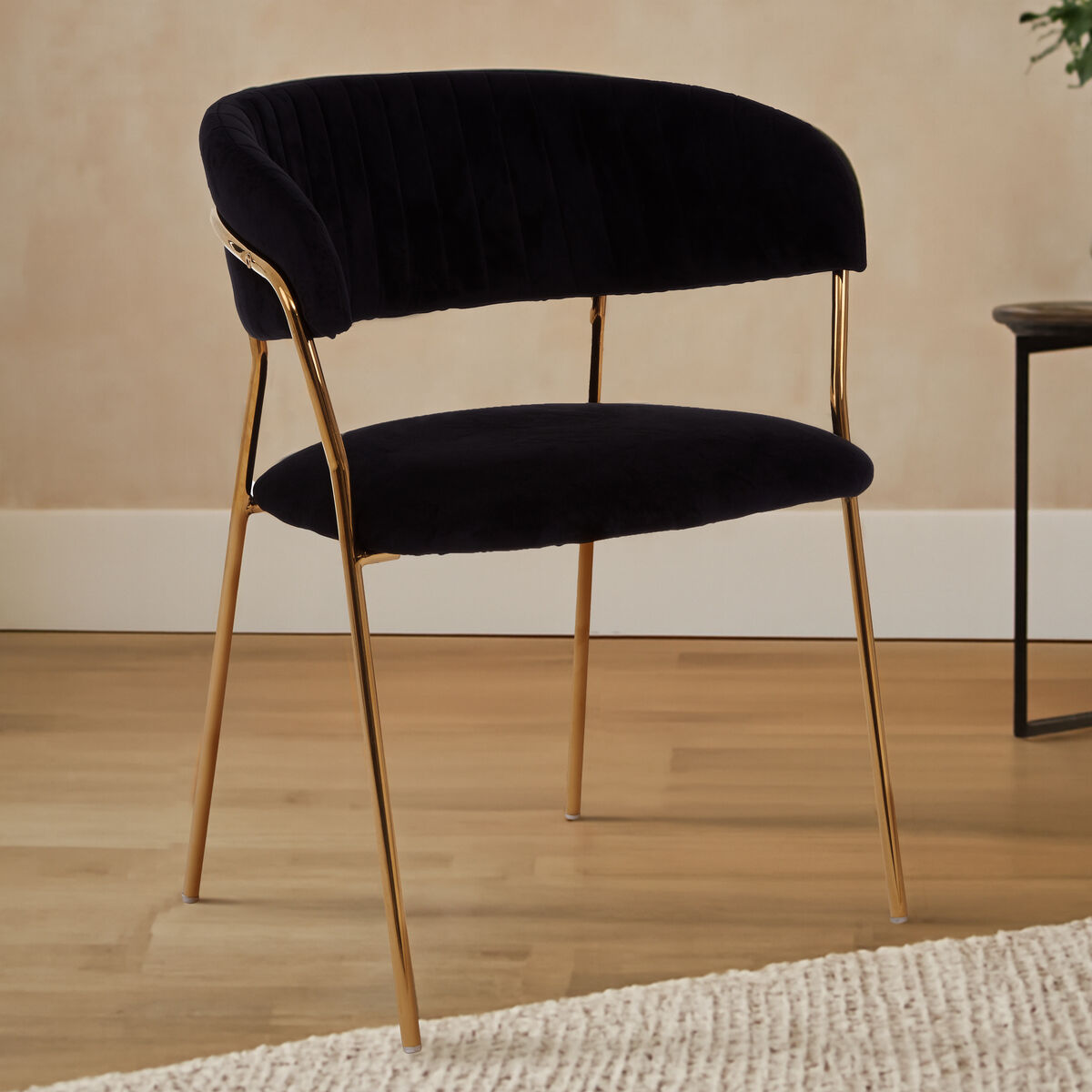 Black Velvet Channel Tufted Dining Chair with Gold Finish Legs | Tamzin