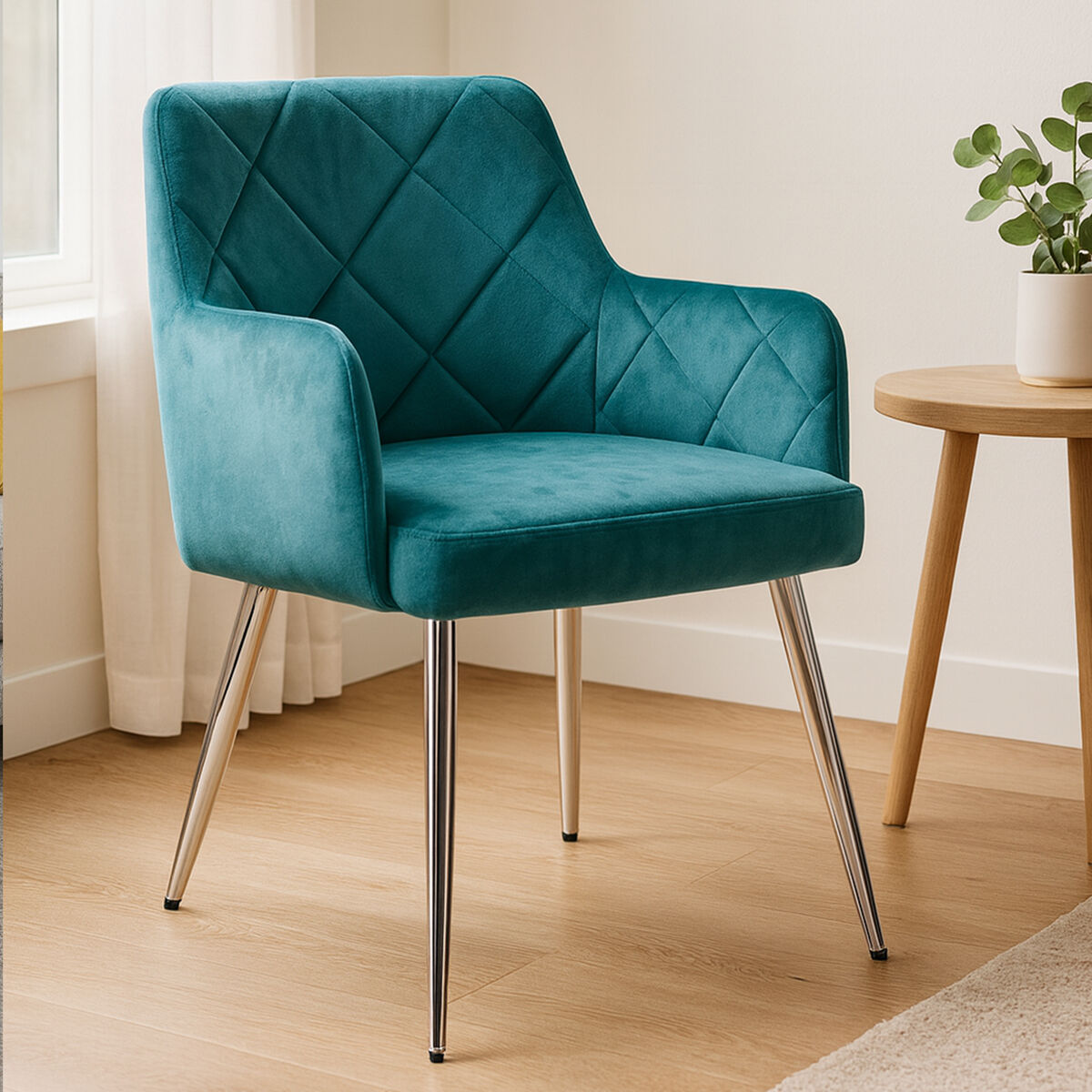 Tamzin Light Blue Velvet Quilted Dining Chair with Chrome Finish Legs