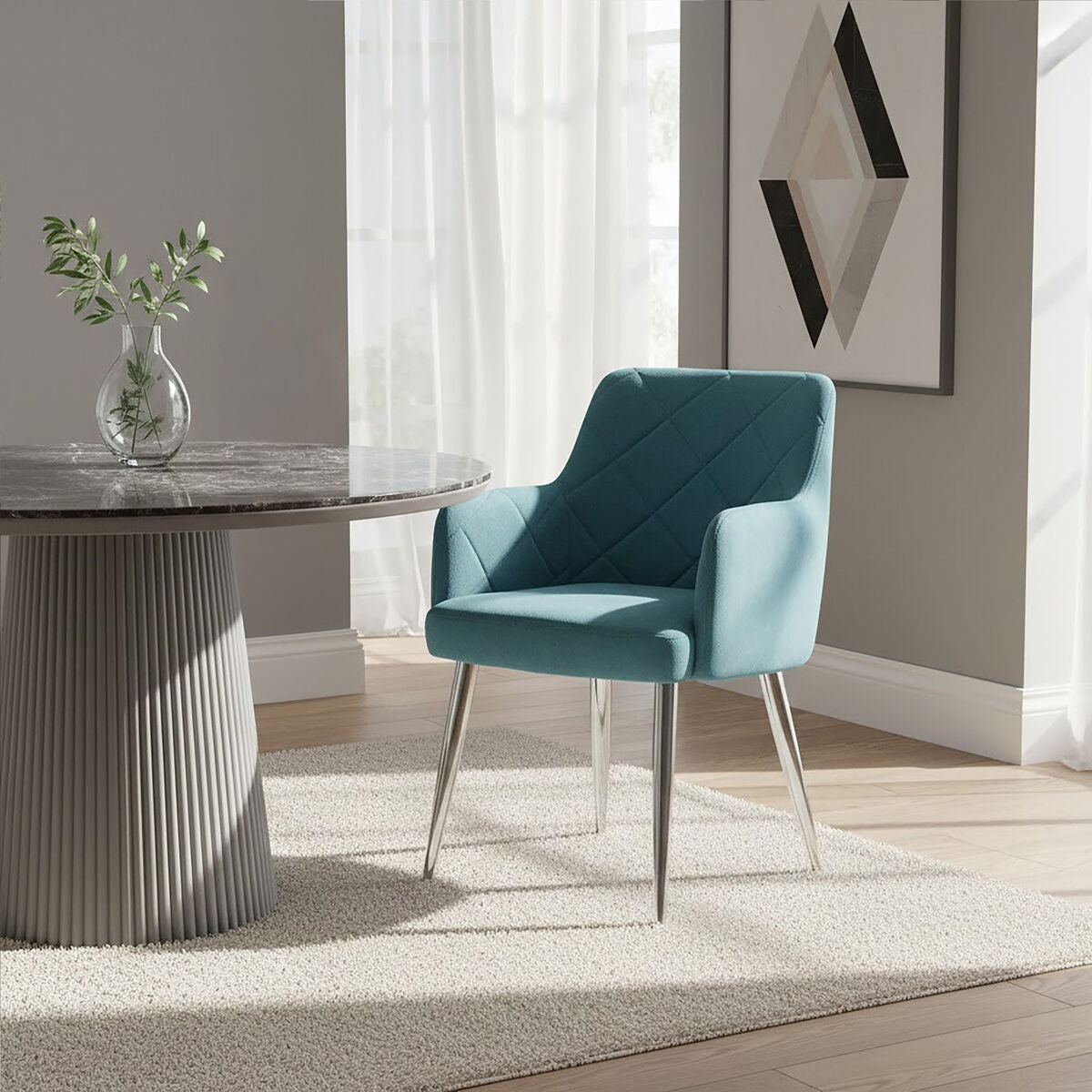 Tamzin Light Blue Velvet Quilted Dining Chair with Chrome Finish Legs