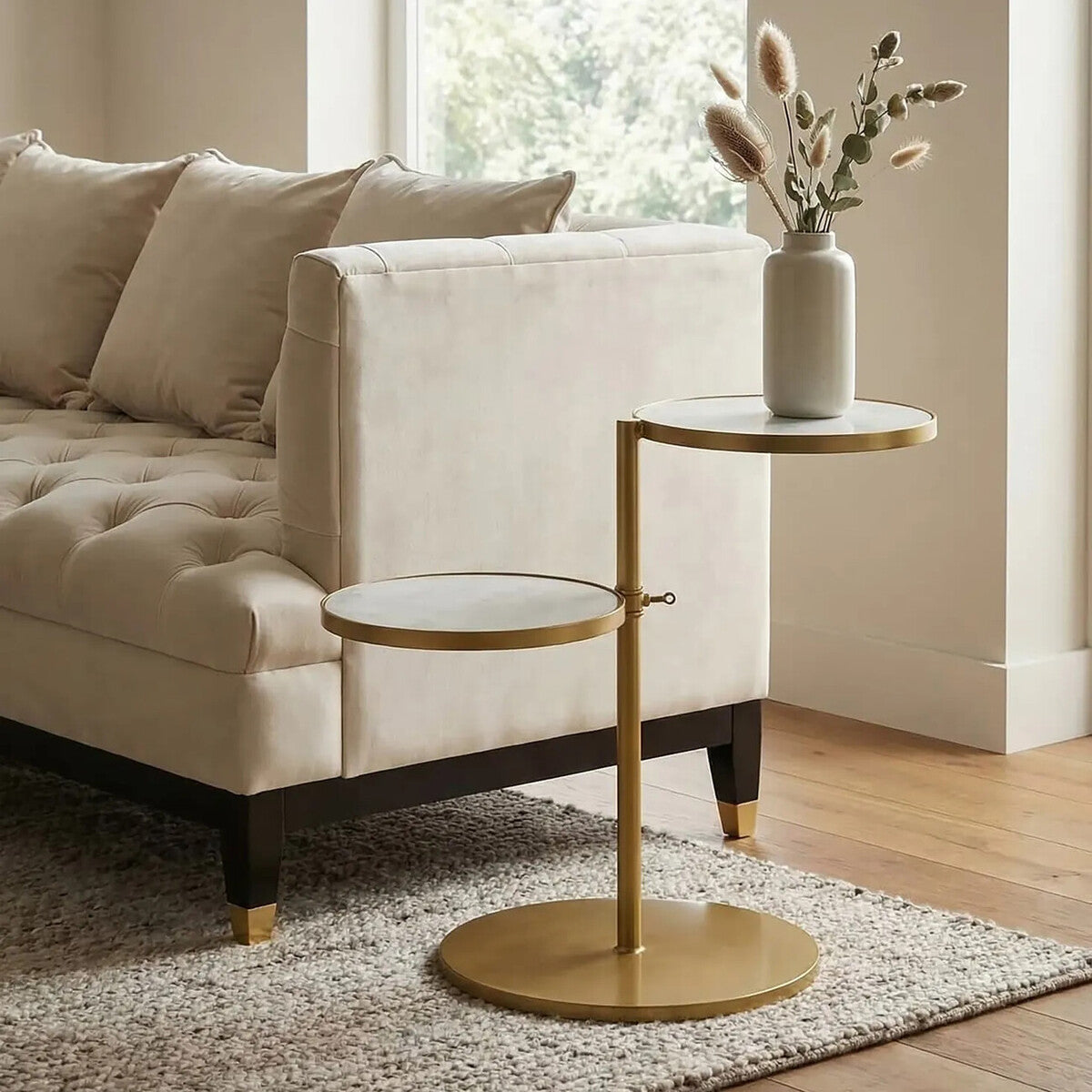 Rabia White Marble and Brass Finish 2 Tier Side Table