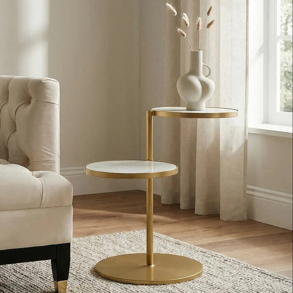 Rabia White Marble and Brass Finish 2 Tier Side Table
