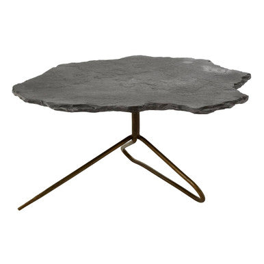 Rany Grey Stone and Antique Brass Coffee Table with Freeform Edge