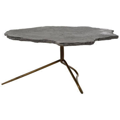 Rany Grey Stone and Antique Brass Coffee Table with Freeform Edge