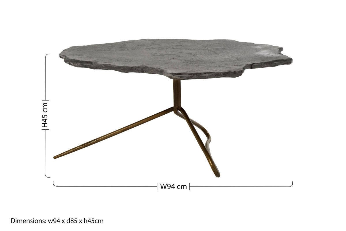 Rany Grey Stone and Antique Brass Coffee Table with Freeform Edge