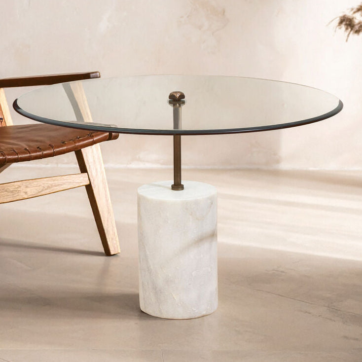 Rany Clear Glass and White Marble Side Table