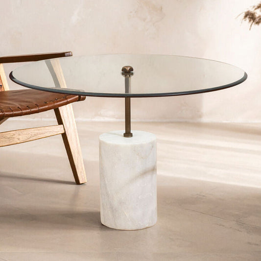 Rany Clear Glass and White Marble Side Table