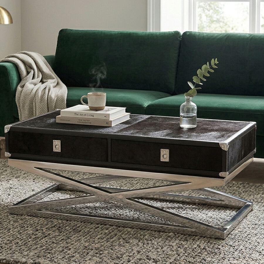 Kensington Townhouse Black Hair on Leather 2 Drawer Coffee Table
