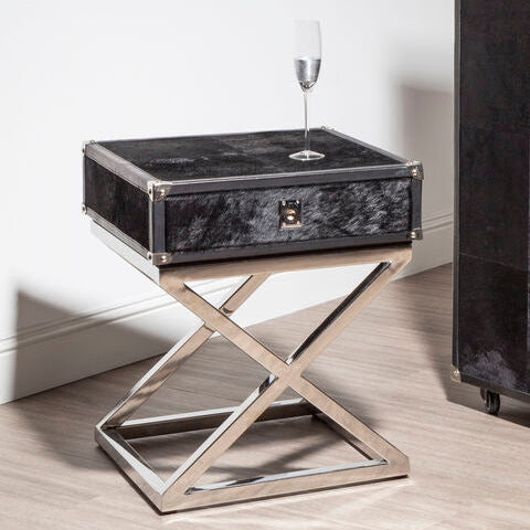 Kensington Townhouse Black Hair on Leather Side Table with Drawer