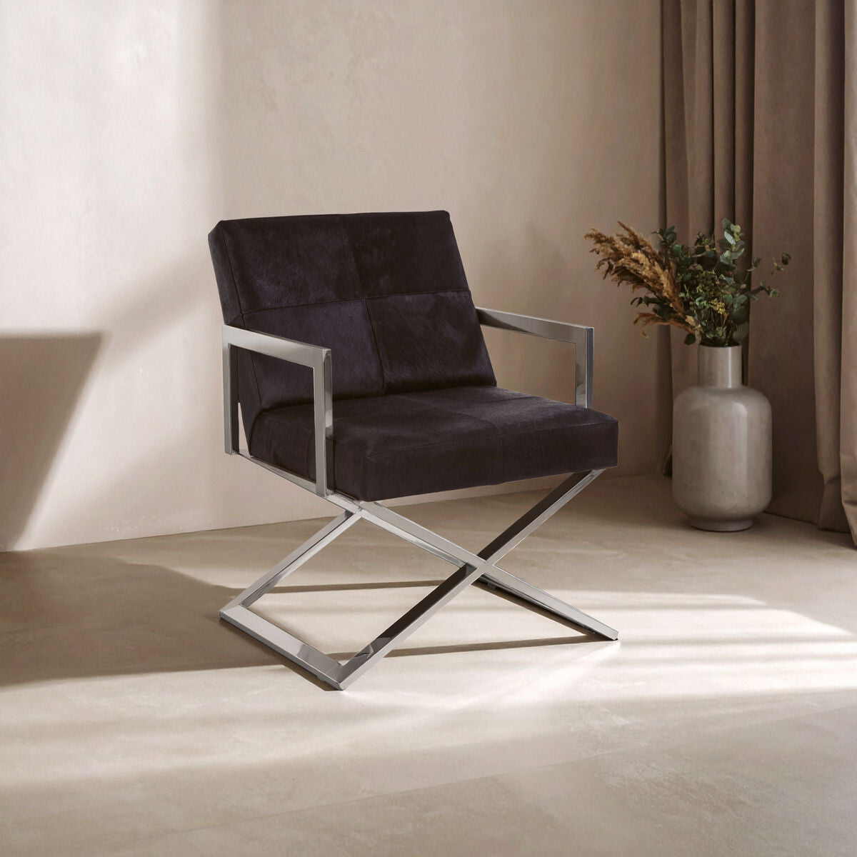 Kensington Townhouse Black Hair on Leather Chair with Silver Base