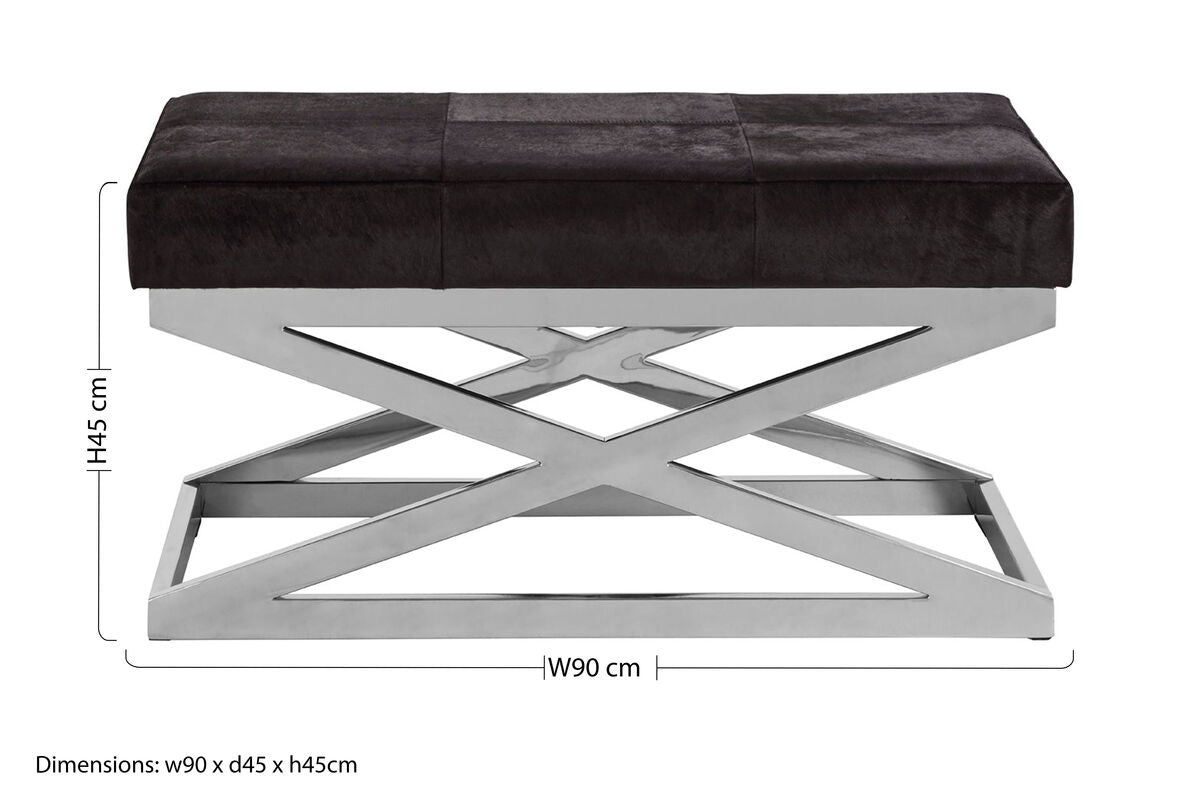 Kensington Townhouse Black Hair on Leather Bench with Silver Base
