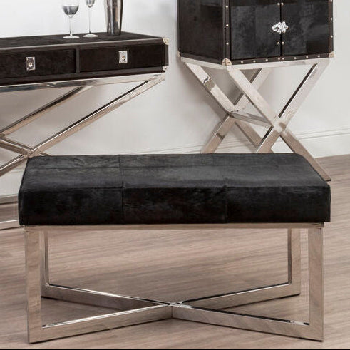 Kensington Townhouse Black Hair on Leather Bench with Silver Finish Base