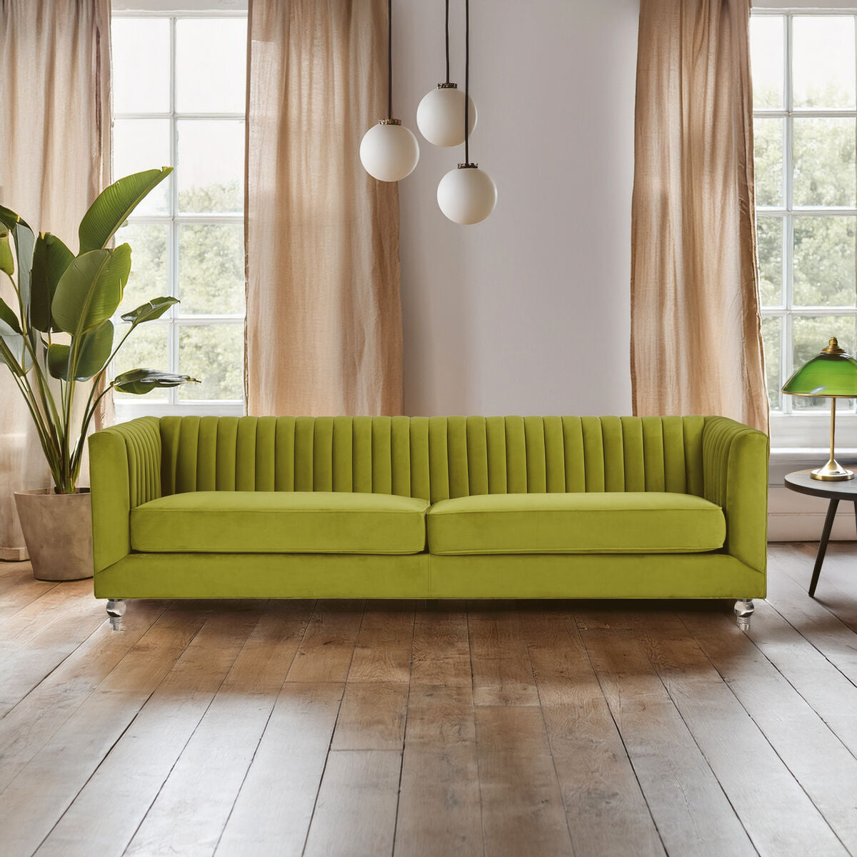 Brasa Green Velvet 3 Seater Sofa with Acrylic Legs