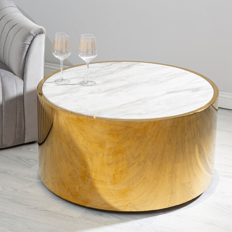 Carlox White Marble Effect and Gold Finish Round Coffee Table