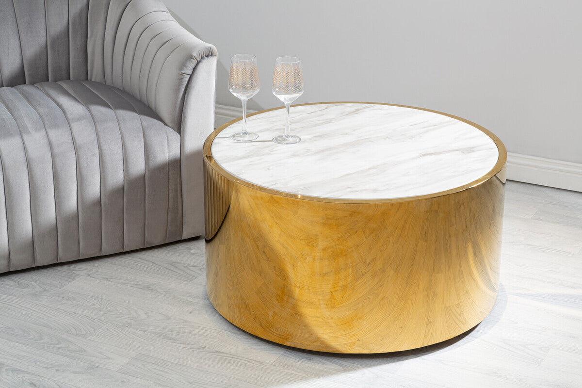 Carlox White Marble Effect and Gold Finish Round Coffee Table
