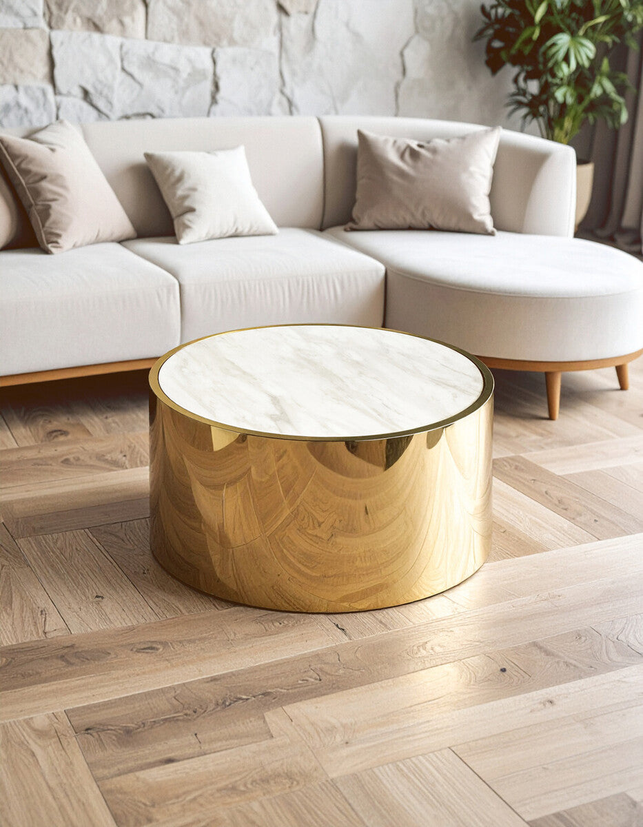 Carlox White Marble Effect and Gold Finish Round Coffee Table