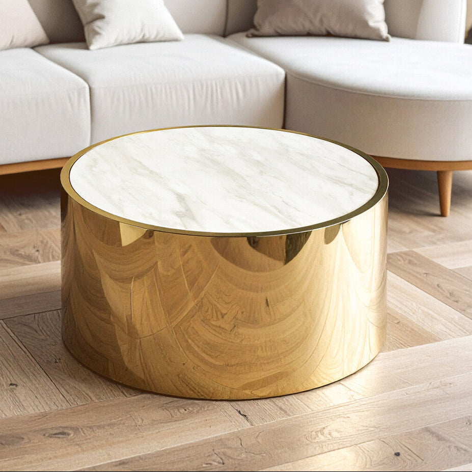 Carlox White Marble Effect and Gold Finish Round Coffee Table