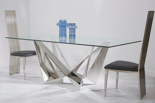 Clear Glass Rectangular Dining Table with Chrome Finish Base 200cm