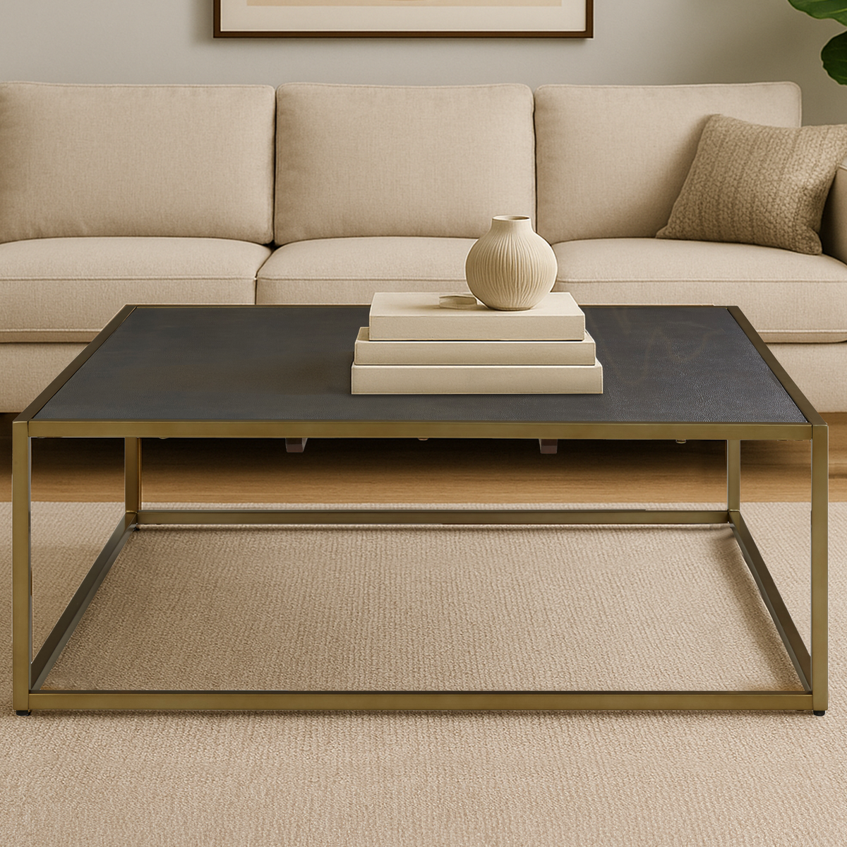 Textured Shahgreen Top and Gold Finish Square Coffee Table | Kempton
