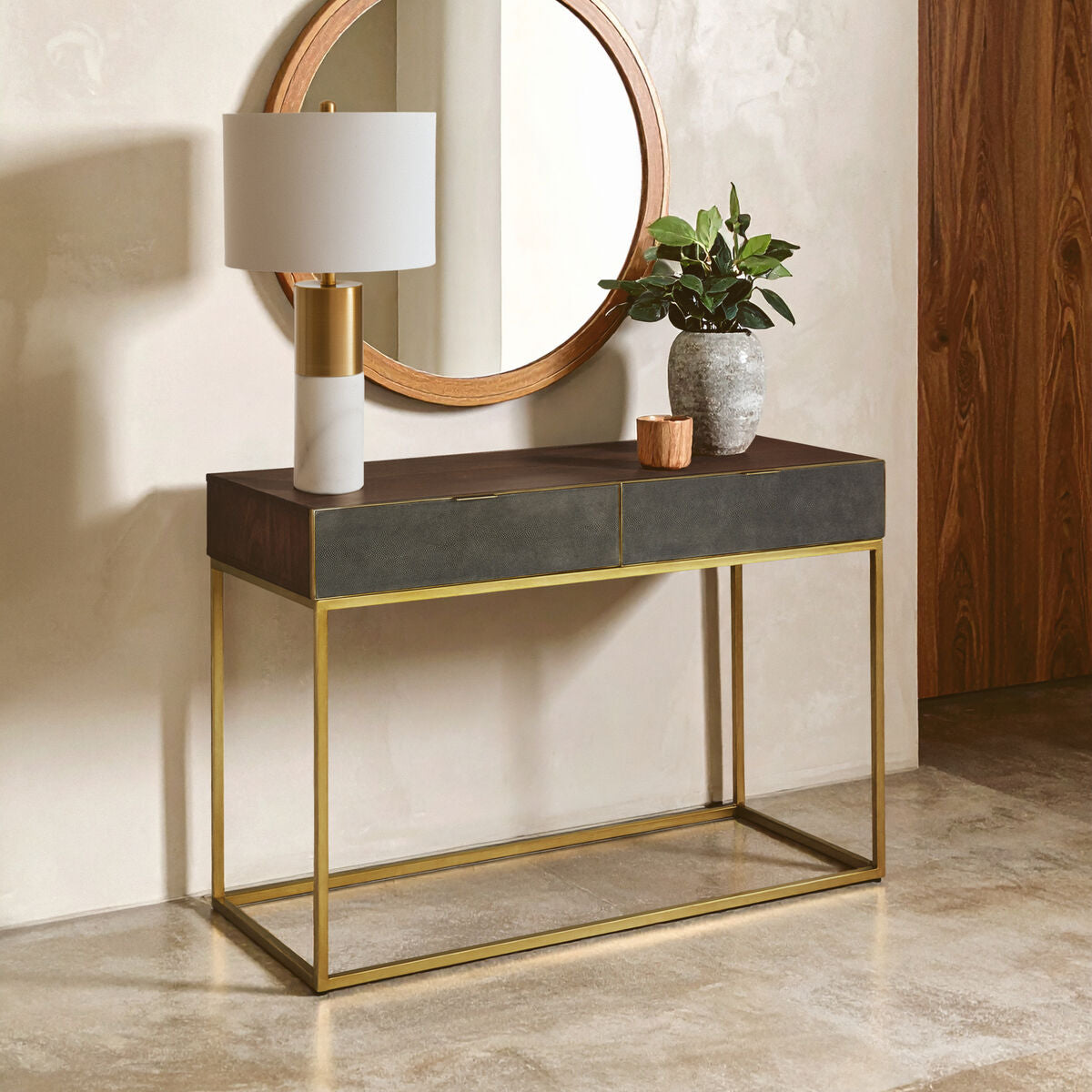 Textured Shahgreen 2 Drawer Gold Finish Console Table | Kempton