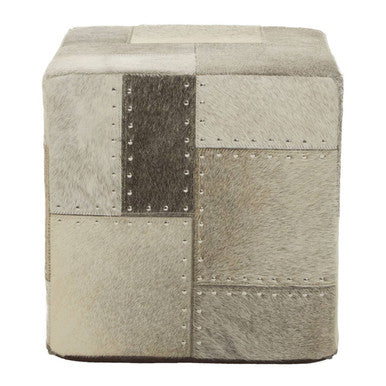 Bosie Safira Grey Hair on Leather Patchwork Pouffe with Stud Detail
