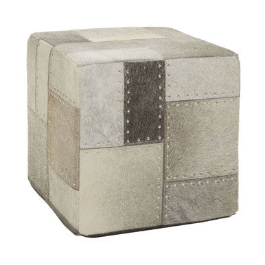 Bosie Safira Grey Hair on Leather Patchwork Pouffe with Stud Detail