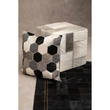 Bosie Safira Grey Hair on Leather Patchwork Pouffe with Stud Detail