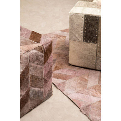 Bosie Safira Grey Hair on Leather Patchwork Pouffe with Stud Detail