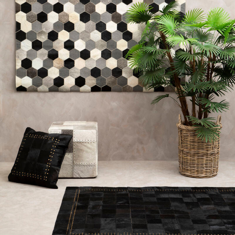 Bosie Safira Grey Hair on Leather Patchwork Pouffe with Stud Detail